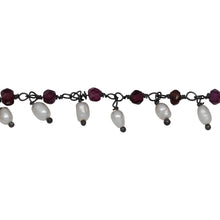 Load image into Gallery viewer, Chain by Foot. Brass Oxidized 3.12mm Width by 2.76mm Length Natural Hand Cut Garnet Stone, With One of 3.10mm Width by 3.85mm Length Rice Pearl Hanging off the Chain, Gem Stone Chain. Price per: 1 Inch.
