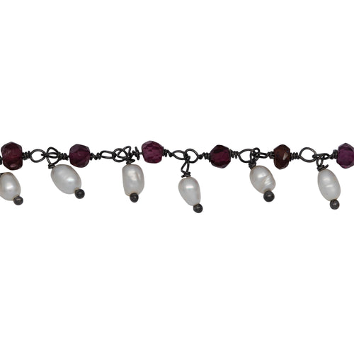 Chain by Foot. Brass Oxidized 3.12mm Width by 2.76mm Length Natural Hand Cut Garnet Stone, With One of 3.10mm Width by 3.85mm Length Rice Pearl Hanging off the Chain, Gem Stone Chain. Price per: 1 Inch.