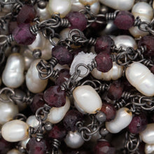 Load image into Gallery viewer, Brass Oxidized 3.12mm Width by 2.76mm Length Natural Hand Cut Garnet Stone, With One of 3.10mm Width by 3.85mm Length Rice Pearl Hanging off the Chain, Gem Stone Chain. Price per: 1 Inch.
