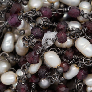 Brass Oxidized 3.12mm Width by 2.76mm Length Natural Hand Cut Garnet Stone, With One of 3.10mm Width by 3.85mm Length Rice Pearl Hanging off the Chain, Gem Stone Chain. Price per: 1 Inch.