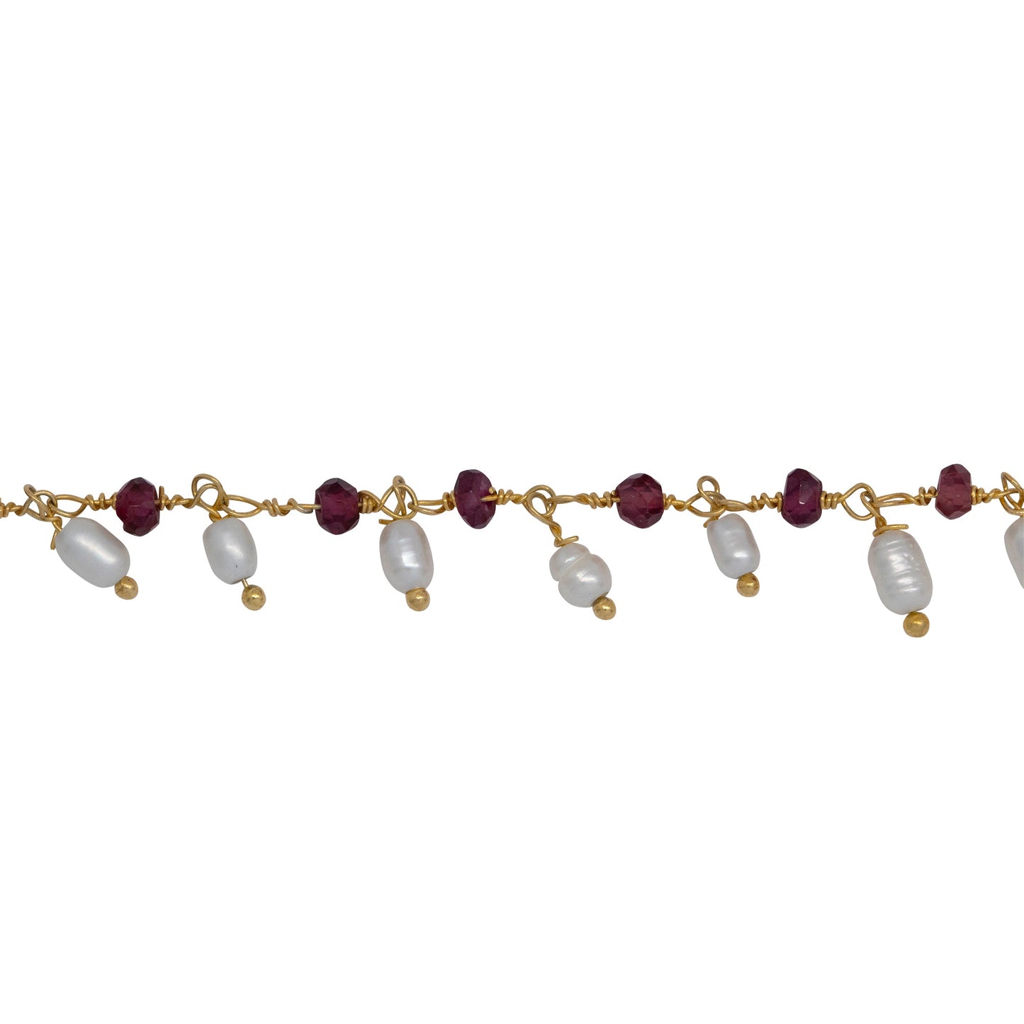 Chain by Foot. Brass Gold Plated 3.12mm Width by 2.76mm Length Natural Hand Cut Garnet Stone, With One of 3.10mm Width by 3.85mm Length Rice Pearl Hanging off the Chain, Gem Stone Chain. Price per: 1 Inch.