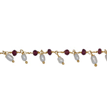 Load image into Gallery viewer, Chain by Foot. Brass Gold Plated 3.12mm Width by 2.76mm Length Natural Hand Cut Garnet Stone, With One of 3.10mm Width by 3.85mm Length Rice Pearl Hanging off the Chain, Gem Stone Chain. Price per: 1 Inch.
