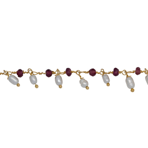 Chain by Foot. Brass Gold Plated 3.12mm Width by 2.76mm Length Natural Hand Cut Garnet Stone, With One of 3.10mm Width by 3.85mm Length Rice Pearl Hanging off the Chain, Gem Stone Chain. Price per: 1 Inch.