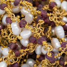 Load image into Gallery viewer, Brass Gold Plated 3.12mm Width by 2.76mm Length Natural Hand Cut Garnet Stone, With One of 3.10mm Width by 3.85mm Length Rice Pearl Hanging off the Chain, Gem Stone Chain. Price per: 1 Inch.
