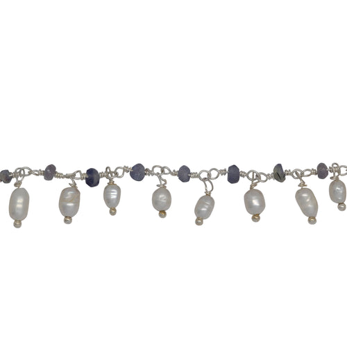 Chain by Foot. Brass Silver Plated 3.12mm Width by 1.84mm Length Natural Hand Cut Iolite Stone, With One of 3.10mm Width by 3.85mm Length Rice Pearl Hanging off the Chain, Gem Stone Chain. Price per: 1 Inch.