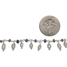 Load image into Gallery viewer, Brass Silver Plated 3.12mm Width by 1.84mm Length Natural Hand Cut Iolite Stone, With One of 3.10mm Width by 3.85mm Length Rice Pearl Hanging off the Chain, Gem Stone Chain. Price per: 1 Inch.
