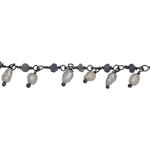 Chain by Foot. Brass Oxidized 3.12mm Width by 1.84mm Length Natural Hand Cut Iolite Stone, With One of 3.10mm Width by 3.85mm Length Rice Pearl Hanging off the Chain, Gem Stone Chain. Price per: 1 Inch.