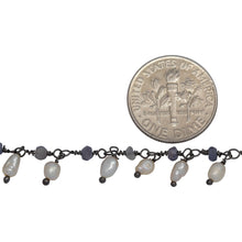 Load image into Gallery viewer, Brass Oxidized 3.12mm Width by 1.84mm Length Natural Hand Cut Iolite Stone, With One of 3.10mm Width by 3.85mm Length Rice Pearl Hanging off the Chain, Gem Stone Chain. Price per: 1 Inch.
