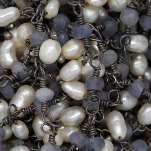 Brass Oxidized 3.12mm Width by 1.84mm Length Natural Hand Cut Iolite Stone, With One of 3.10mm Width by 3.85mm Length Rice Pearl Hanging off the Chain, Gem Stone Chain. Price per: 1 Inch.