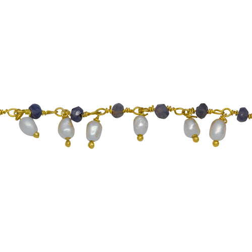 Chain by Foot. Brass Gold Plated 3.12mm Width by 1.84mm Length Natural Hand Cut Iolite Stone, With One of 3.10mm Width by 3.85mm Length Rice Pearl Hanging off the Chain, Gem Stone Chain. Price per: 1 Inch.