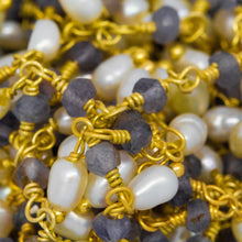 Load image into Gallery viewer, Brass Gold Plated 3.12mm Width by 1.84mm Length Natural Hand Cut Iolite Stone, With One of 3.10mm Width by 3.85mm Length Rice Pearl Hanging off the Chain, Gem Stone Chain. Price per: 1 Inch.
