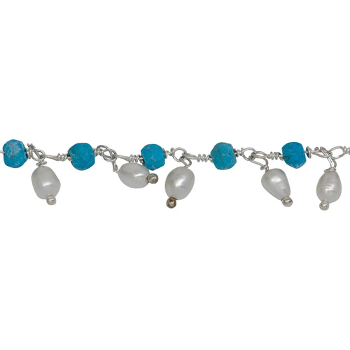 Chain by Foot. Brass Silver Plated 3.52mm Width by 2.92mm Length Natural Hand Cut Turquoise Stone, With One of 3.10mm Width by 3.85mm Length Rice Pearl Hanging off the Chain, Gem Stone Chain. Price per: 1 Inch.