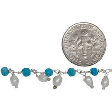 Load image into Gallery viewer, Brass Silver Plated 3.52mm Width by 2.92mm Length Natural Hand Cut Turquoise Stone, With One of 3.10mm Width by 3.85mm Length Rice Pearl Hanging off the Chain, Gem Stone Chain. Price per: 1 Inch.
