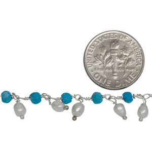 Brass Silver Plated 3.52mm Width by 2.92mm Length Natural Hand Cut Turquoise Stone, With One of 3.10mm Width by 3.85mm Length Rice Pearl Hanging off the Chain, Gem Stone Chain. Price per: 1 Inch.