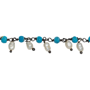 Chain by Foot. Brass Oxidized 3.52mm Width by 2.92mm Length Natural Hand Cut Turquoise Stone, With One of 3.10mm Width by 3.85mm Length Rice Pearl Hanging off the Chain, Gem Stone Chain. Price per: 1 Inch.
