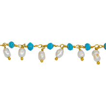 Load image into Gallery viewer, Chain by Foot. Brass Gold Plated 3.52mm Width by 2.92mm Length Natural Hand Cut Turquoise Stone, With One of 3.10mm Width by 3.85mm Length Rice Pearl Hanging off the Chain, Gem Stone Chain. Price per: 1 Inch.
