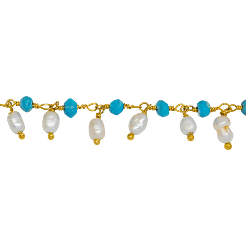 Chain by Foot. Brass Gold Plated 3.52mm Width by 2.92mm Length Natural Hand Cut Turquoise Stone, With One of 3.10mm Width by 3.85mm Length Rice Pearl Hanging off the Chain, Gem Stone Chain. Price per: 1 Inch.