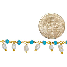 Load image into Gallery viewer, Brass Gold Plated 3.52mm Width by 2.92mm Length Natural Hand Cut Turquoise Stone, With One of 3.10mm Width by 3.85mm Length Rice Pearl Hanging off the Chain, Gem Stone Chain. Price per: 1 Inch.
