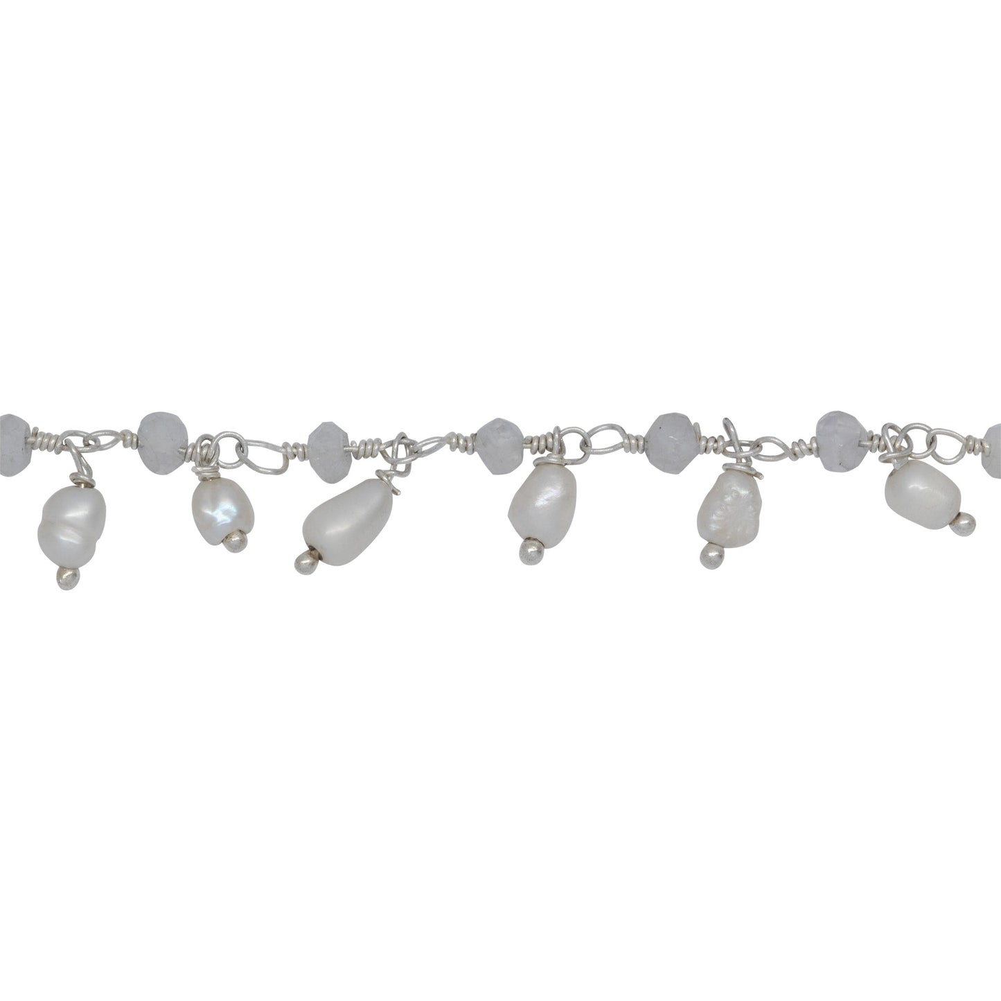Chain by Foot. Brass Silver Plated 3.15mm Width by 2.45mm Length Natural Hand Cut Rainbow Moon Stone, With One of 3.15mm Width by 3.95mm Length Rice Pearl Hanging off the Chain, Gem Stone Chain. Price per: 1 Inch.