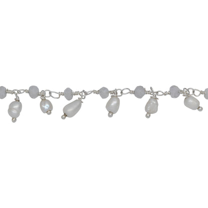 Chain by Foot. Brass Silver Plated 3.15mm Width by 2.45mm Length Natural Hand Cut Rainbow Moon Stone, With One of 3.15mm Width by 3.95mm Length Rice Pearl Hanging off the Chain, Gem Stone Chain. Price per: 1 Inch.