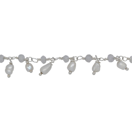 Chain by Foot. Brass Silver Plated 3.15mm Width by 2.45mm Length Natural Hand Cut Rainbow Moon Stone, With One of 3.15mm Width by 3.95mm Length Rice Pearl Hanging off the Chain, Gem Stone Chain. Price per: 1 Inch.