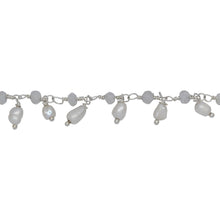 Load image into Gallery viewer, Chain by Foot. Brass Silver Plated 3.15mm Width by 2.45mm Length Natural Hand Cut Rainbow Moon Stone, With One of 3.15mm Width by 3.95mm Length Rice Pearl Hanging off the Chain, Gem Stone Chain. Price per: 1 Inch.
