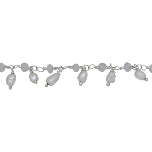 Chain by Foot. Brass Silver Plated 3.15mm Width by 2.45mm Length Natural Hand Cut Rainbow Moon Stone, With One of 3.15mm Width by 3.95mm Length Rice Pearl Hanging off the Chain, Gem Stone Chain. Price per: 1 Inch.