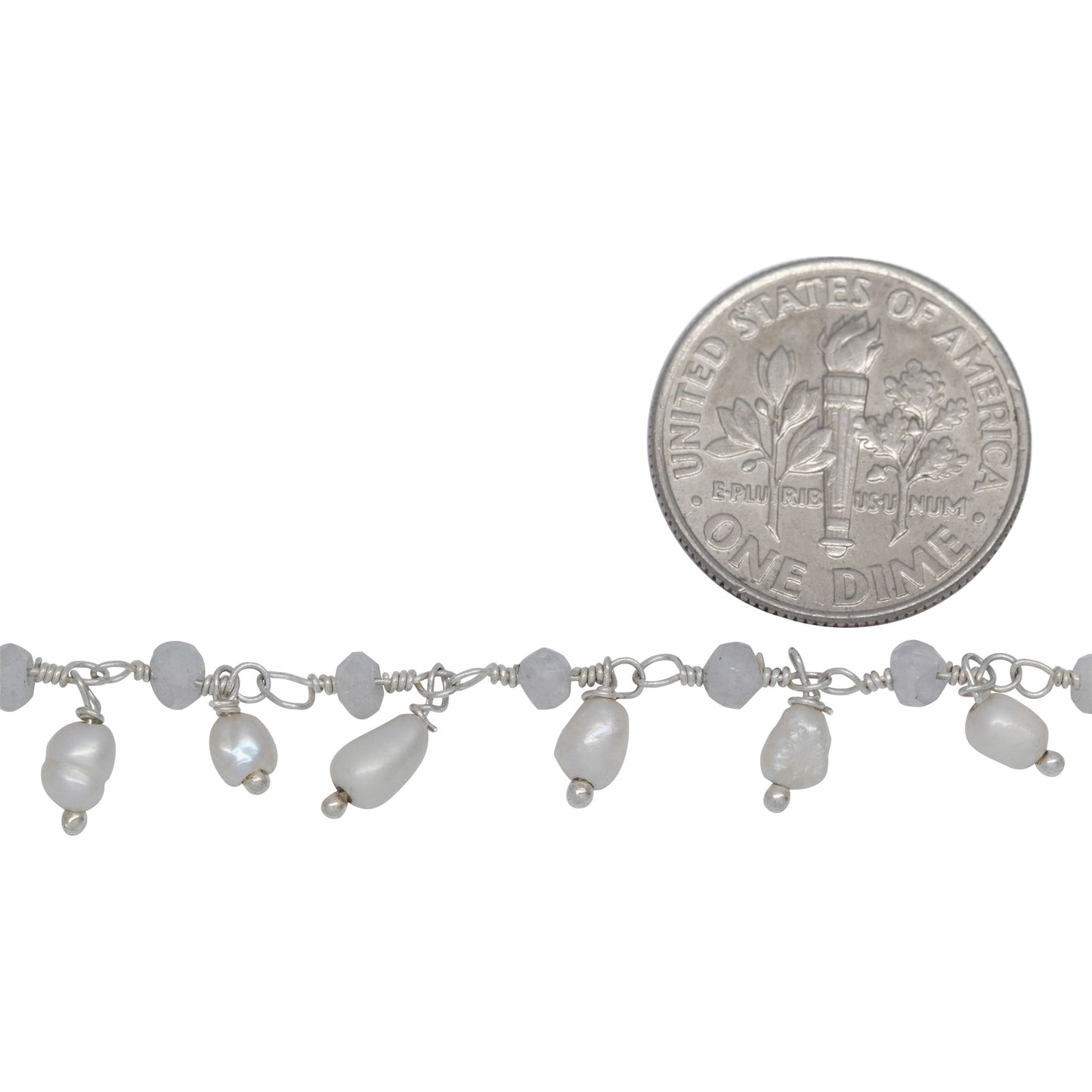 Brass Silver Plated 3.15mm Width by 2.45mm Length Natural Hand Cut Rainbow Moon Stone, With One of 3.15mm Width by 3.95mm Length Rice Pearl Hanging off the Chain, Gem Stone Chain. Price per: 1 Inch.