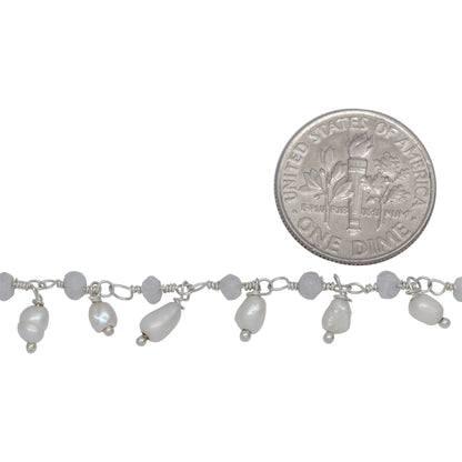 Brass Silver Plated 3.15mm Width by 2.45mm Length Natural Hand Cut Rainbow Moon Stone, With One of 3.15mm Width by 3.95mm Length Rice Pearl Hanging off the Chain, Gem Stone Chain. Price per: 1 Inch.