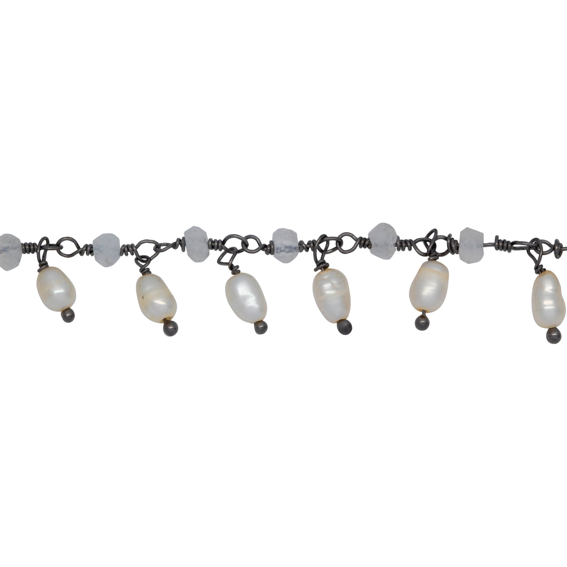 Chain by Foot. Brass Oxidized 3.15mm Width by 2.45mm Length Natural Hand Cut Rainbow Moon Stone, With One of 3.15mm Width by 3.95mm Length Rice Pearl Hanging off the Chain, Gem Stone Chain. Price per: 1 Inch.