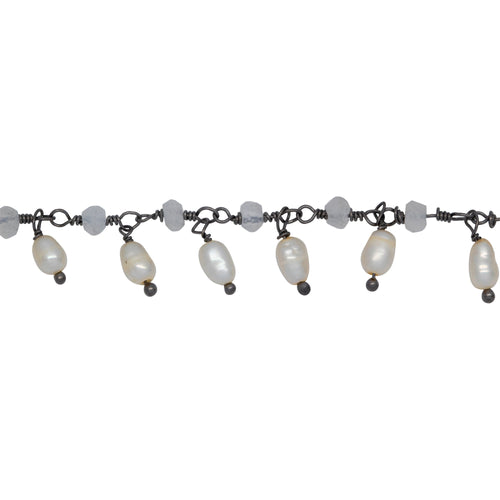 Chain by Foot. Brass Oxidized 3.15mm Width by 2.45mm Length Natural Hand Cut Rainbow Moon Stone, With One of 3.15mm Width by 3.95mm Length Rice Pearl Hanging off the Chain, Gem Stone Chain. Price per: 1 Inch.