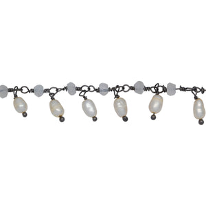 Chain by Foot. Brass Oxidized 3.15mm Width by 2.45mm Length Natural Hand Cut Rainbow Moon Stone, With One of 3.15mm Width by 3.95mm Length Rice Pearl Hanging off the Chain, Gem Stone Chain. Price per: 1 Inch.
