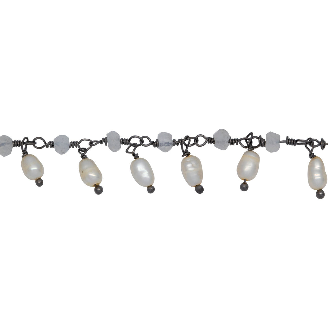Chain by Foot. Brass Oxidized 3.15mm Width by 2.45mm Length Natural Hand Cut Rainbow Moon Stone, With One of 3.15mm Width by 3.95mm Length Rice Pearl Hanging off the Chain, Gem Stone Chain. Price per: 1 Inch.