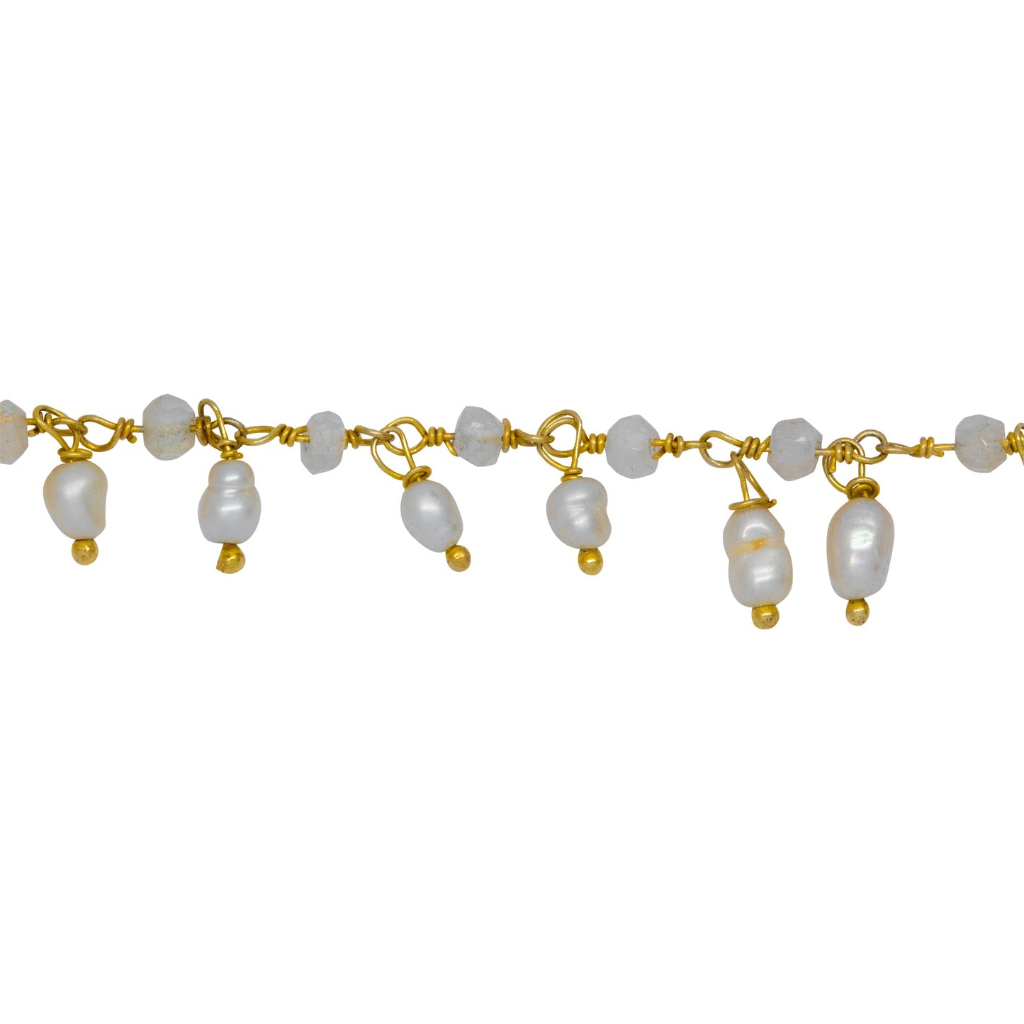 Chain by Foot. Brass Gold Plated 3.15mm Width by 2.45mm Length Natural Hand Cut Rainbow Moon Stone, With One of 3.15mm Width by 3.95mm Length Rice Pearl Hanging off the Chain, Gem Stone Chain. Price per: 1 Inch.