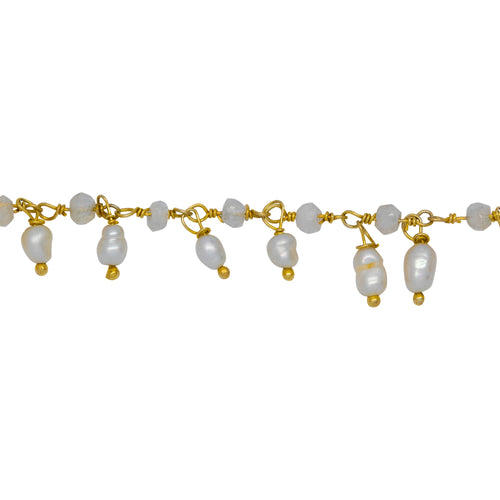 Chain by Foot. Brass Gold Plated 3.15mm Width by 2.45mm Length Natural Hand Cut Rainbow Moon Stone, With One of 3.15mm Width by 3.95mm Length Rice Pearl Hanging off the Chain, Gem Stone Chain. Price per: 1 Inch.