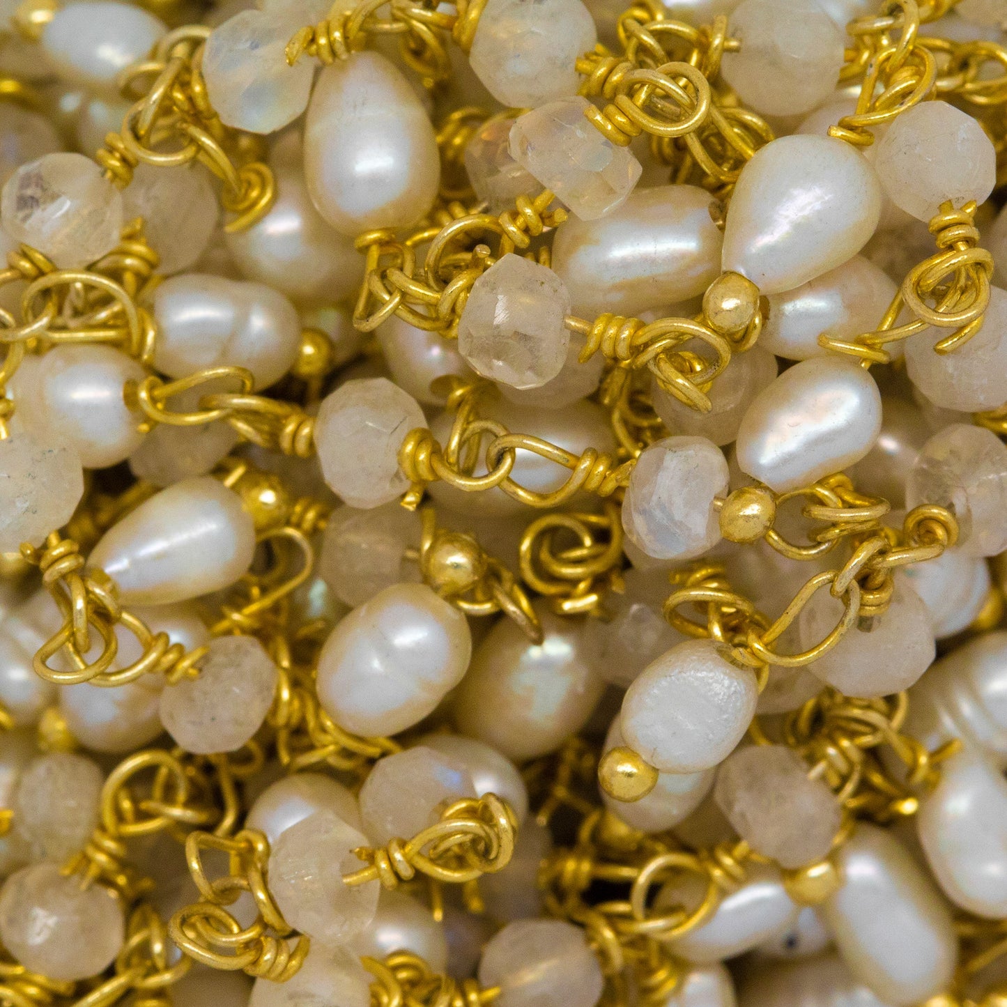 Brass Gold Plated 3.15mm Width by 2.45mm Length Natural Hand Cut Rainbow Moon Stone, With One of 3.15mm Width by 3.95mm Length Rice Pearl Hanging off the Chain, Gem Stone Chain. Price per: 1 Inch.