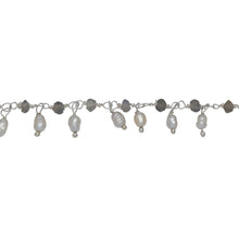 Load image into Gallery viewer, Chain by Foot. Brass Silver Plated 3.25mm Width by 2.45mm Length Natural Hand Cut Labradorite Stone, With One of 3.15mm Width by 3.95mm Length Rice Pearl Hanging off the Chain, Gem Stone Chain. Price per: 1 Inch.

