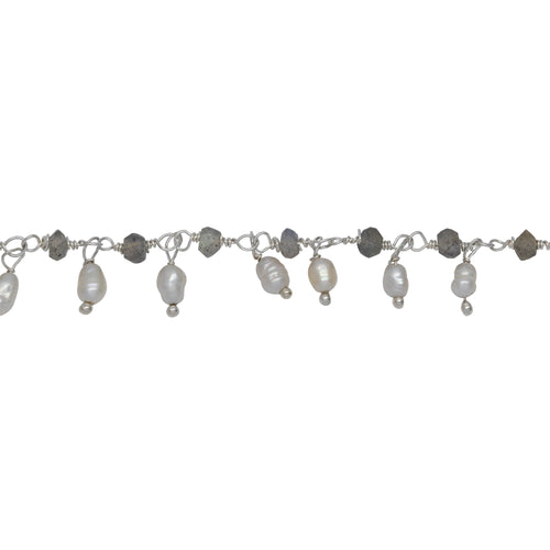 Chain by Foot. Brass Silver Plated 3.25mm Width by 2.45mm Length Natural Hand Cut Labradorite Stone, With One of 3.15mm Width by 3.95mm Length Rice Pearl Hanging off the Chain, Gem Stone Chain. Price per: 1 Inch.