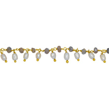 Load image into Gallery viewer, Chain by Foot. Brass Gold Plated 3.25mm Width by 2.45mm Length Natural Hand Cut Labradorite Stone, With One of 3.15mm Width by 3.95mm Length Rice Pearl Hanging off the Chain, Gem Stone Chain. Price per: 1 Inch.
