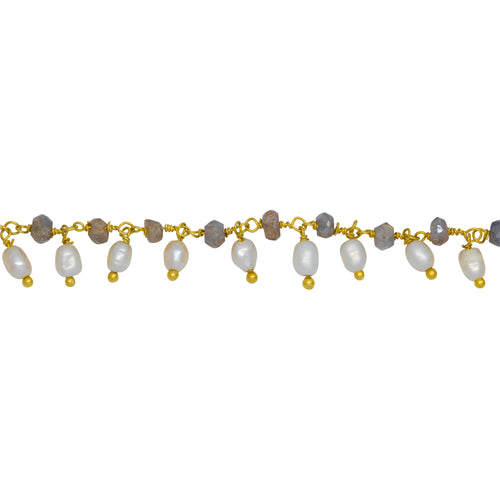 Chain by Foot. Brass Gold Plated 3.25mm Width by 2.45mm Length Natural Hand Cut Labradorite Stone, With One of 3.15mm Width by 3.95mm Length Rice Pearl Hanging off the Chain, Gem Stone Chain. Price per: 1 Inch.