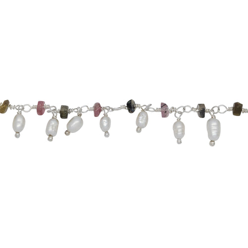 Chain by Foot. Brass Silver Plated 3.35mm Width by 2.10mm Length Natural Hand Cut Tourmaline Stone, With One of 2.75mm Width by 4.15mm Length Rice Pearl Hanging off the Chain, Gem Stone Chain. Price per: 1 Inch.