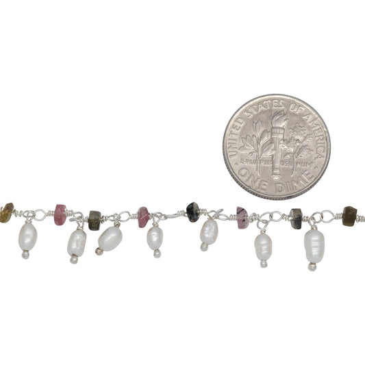 Brass Silver Plated 3.35mm Width by 2.10mm Length Natural Hand Cut Tourmaline Stone, With One of 2.75mm Width by 4.15mm Length Rice Pearl Hanging off the Chain, Gem Stone Chain. Price per: 1 Inch.