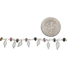 Load image into Gallery viewer, Brass Silver Plated 3.35mm Width by 2.10mm Length Natural Hand Cut Tourmaline Stone, With One of 2.75mm Width by 4.15mm Length Rice Pearl Hanging off the Chain, Gem Stone Chain. Price per: 1 Inch.
