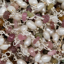 Load image into Gallery viewer, Brass Silver Plated 3.35mm Width by 2.10mm Length Natural Hand Cut Tourmaline Stone, With One of 2.75mm Width by 4.15mm Length Rice Pearl Hanging off the Chain, Gem Stone Chain. Price per: 1 Inch.
