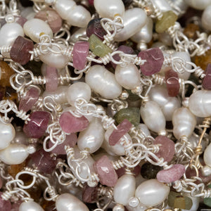 Brass Silver Plated 3.35mm Width by 2.10mm Length Natural Hand Cut Tourmaline Stone, With One of 2.75mm Width by 4.15mm Length Rice Pearl Hanging off the Chain, Gem Stone Chain. Price per: 1 Inch.