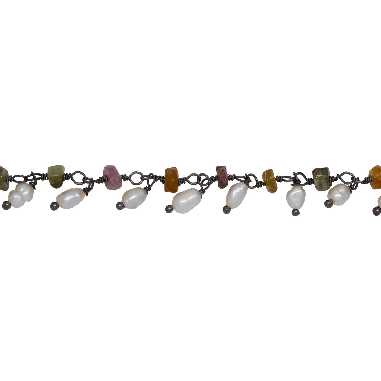 Chain by Foot. Brass Oxidized 3.35mm Width by 2.10mm Length Natural Hand Cut Tourmaline Stone, With One of 2.75mm Width by 4.15mm Length Rice Pearl Hanging off the Chain, Gem Stone Chain. Price per: 1 Inch.