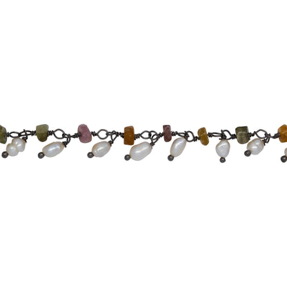 Chain by Foot. Brass Oxidized 3.35mm Width by 2.10mm Length Natural Hand Cut Tourmaline Stone, With One of 2.75mm Width by 4.15mm Length Rice Pearl Hanging off the Chain, Gem Stone Chain. Price per: 1 Inch.