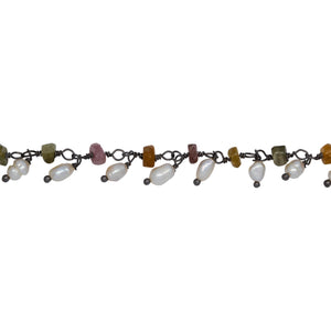 Chain by Foot. Brass Oxidized 3.35mm Width by 2.10mm Length Natural Hand Cut Tourmaline Stone, With One of 2.75mm Width by 4.15mm Length Rice Pearl Hanging off the Chain, Gem Stone Chain. Price per: 1 Inch.