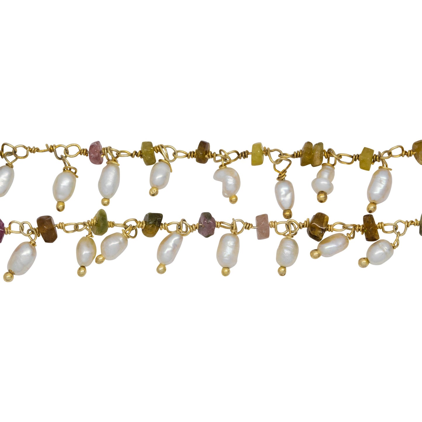 Chain by Foot. Brass Gold Plated 3.35mm Width by 2.10mm Length Natural Hand Cut Tourmaline Stone, With One of 2.75mm Width by 4.15mm Length Rice Pearl Hanging off the Chain, Gem Stone Chain. Price per: 1 Inch.