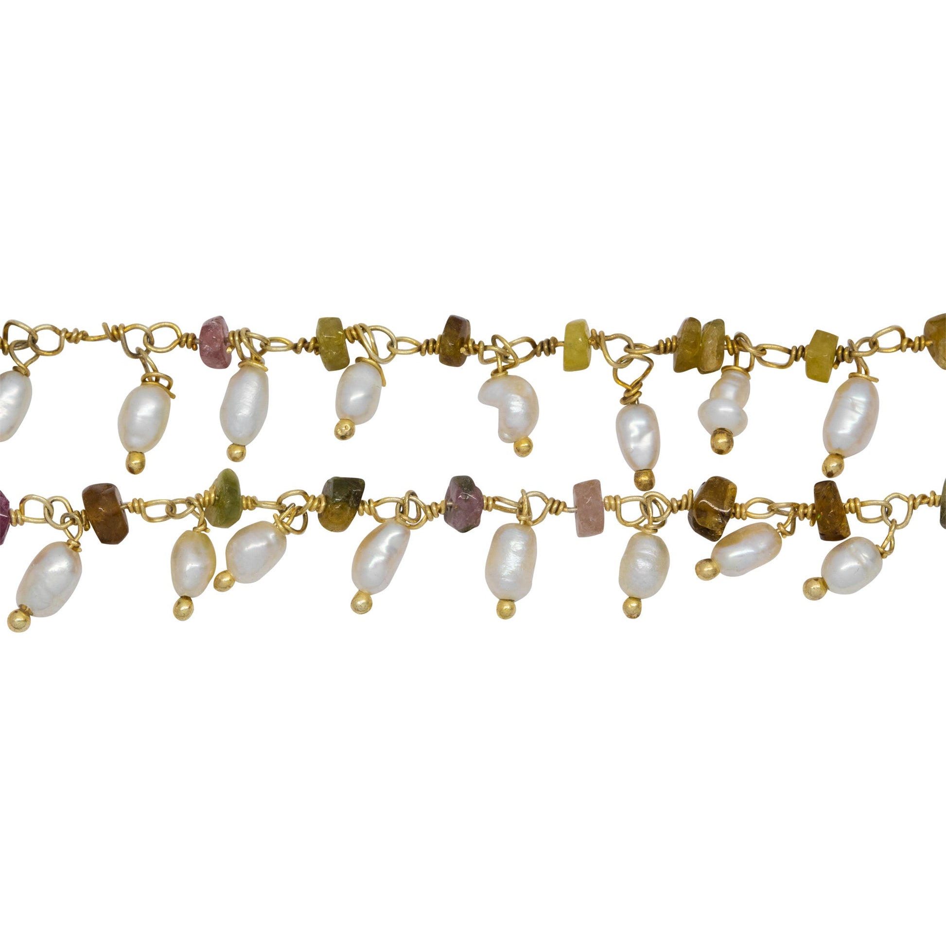 Chain by Foot. Brass Gold Plated 3.35mm Width by 2.10mm Length Natural Hand Cut Tourmaline Stone, With One of 2.75mm Width by 4.15mm Length Rice Pearl Hanging off the Chain, Gem Stone Chain. Price per: 1 Inch.